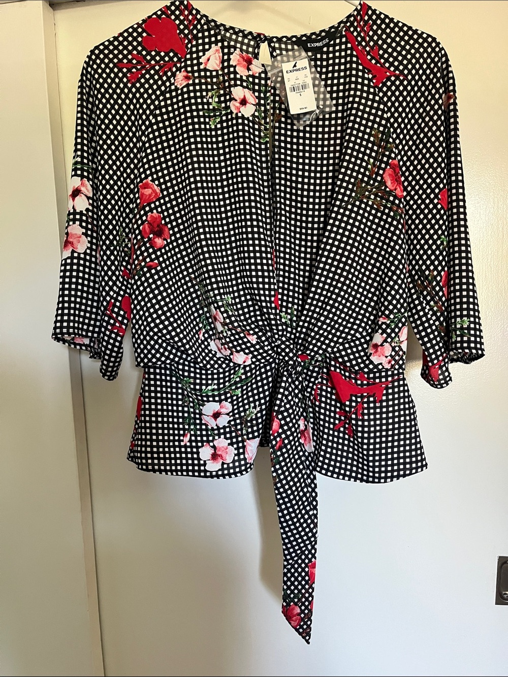 Express Black & White Gingham Tie-Front Blouse with Red Floral Accents